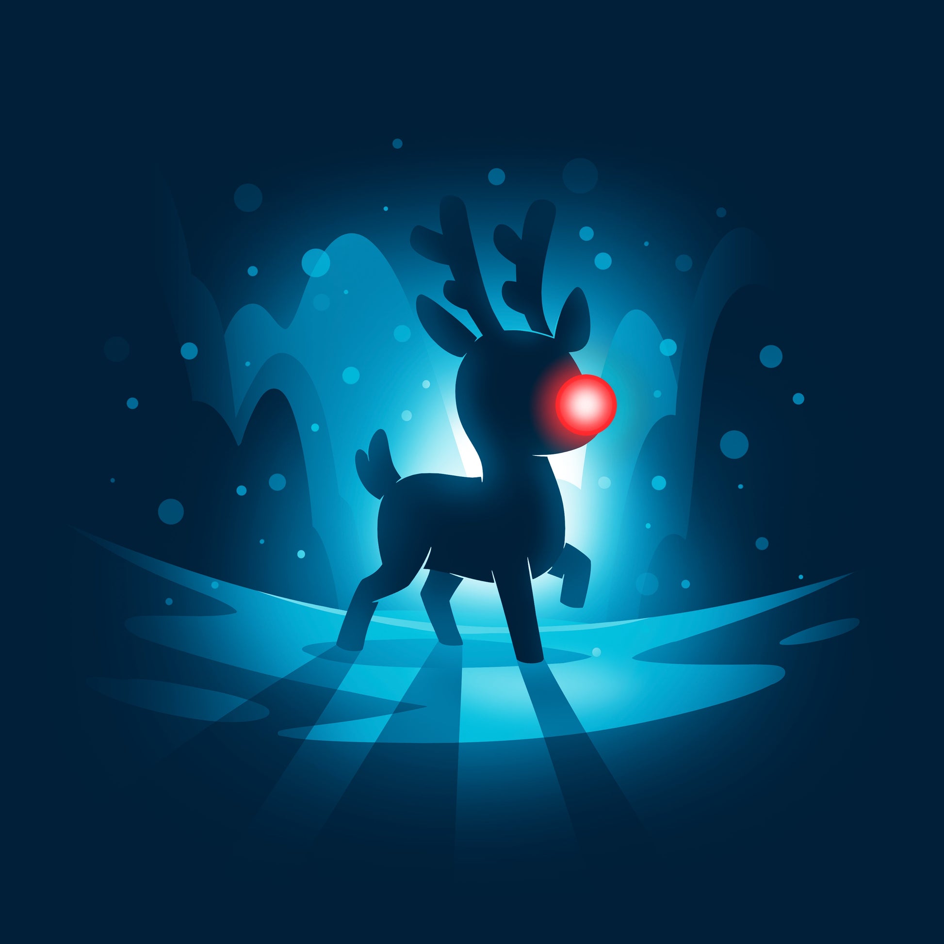 Classic Cotton T-shirt_TeeTurtle Red-Nosed Reindeer navy blue t-shirt featuring a silhouette of a reindeer with a glowing red nose, standing on a reflective surface with a blue, snowy Christmas background.