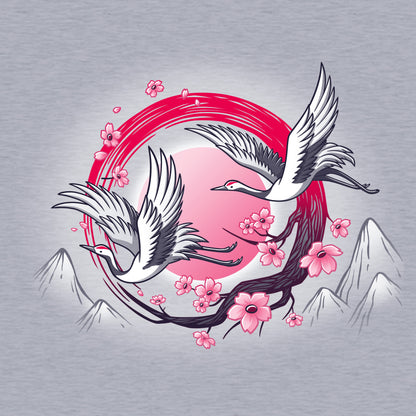 Classic Cotton T-shirt_TeeTurtle Red-Crowned Cranes heather gray t-shirt featuring an illustration of two cranes in flight with pink sakura blossoms, a red circular element, and stylized mountains in the background. 