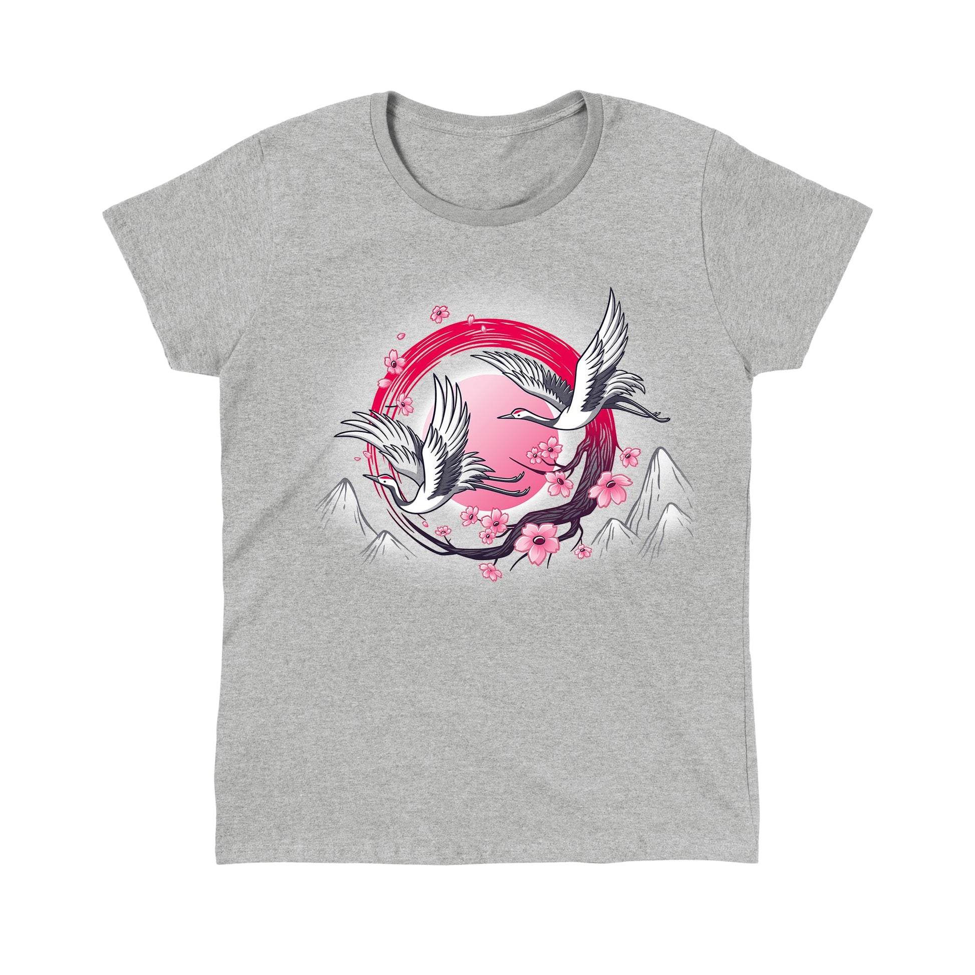 Classic Cotton T-shirt_TeeTurtle Red-Crowned Cranes heather gray t-shirt featuring an illustration of two cranes in flight with pink sakura blossoms, a red circular element, and stylized mountains in the background. 