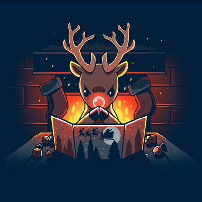 Pullover Hoodie_TeeTurtle Reindeer Game Master navy blue design featuring a reindeer in a tabletop game christmas scene. The reindeer glowing red nose debating their next game move with dice around the table, in front of a bright fire and stockings hung on the chimney. 