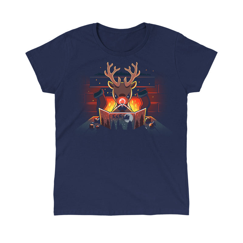 Classic Cotton T-shirt_TeeTurtle Reindeer Game Master navy blue t-shirt featuring a reindeer in a tabletop game christmas scene. The reindeer glowing red nose debating their next game move with dice around the table, in front of a bright fire and stockings hung on the chimney. 