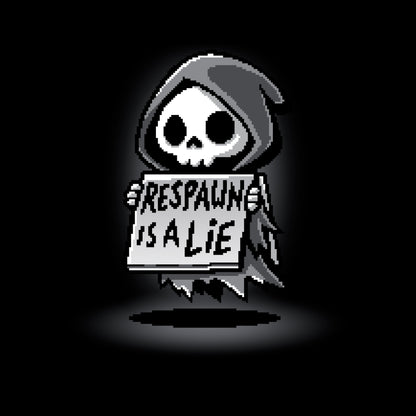 Long Sleeve T-shirt_TeeTurtle Respawn is a Lie black t-shirt featuring video game pixel art of a small grim reaper character holding a sign that reads "Respawn is a Lie" with a spotlight on the character.