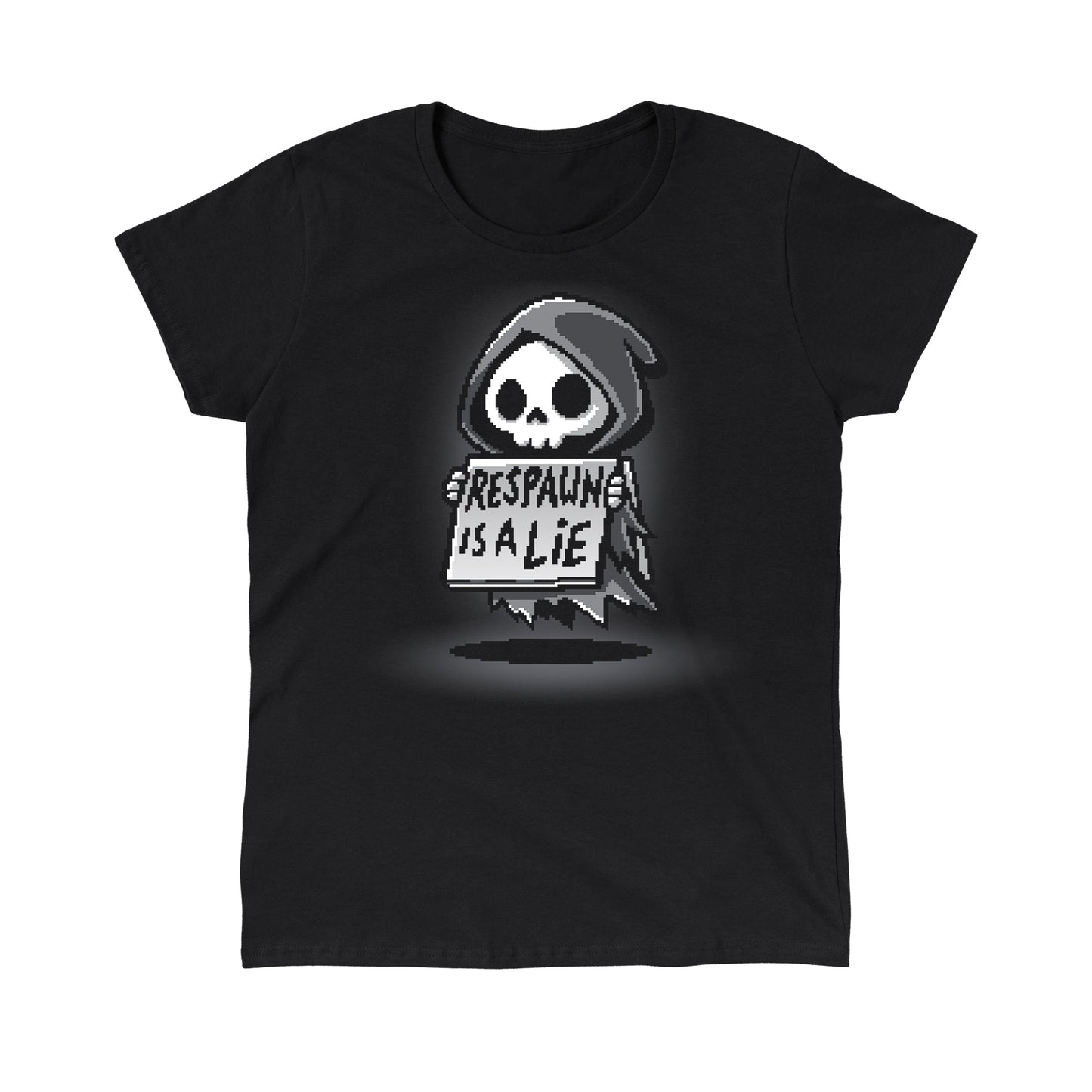 Classic Cotton T-shirt_TeeTurtle Respawn is a Lie black t-shirt featuring video game pixel art of a small grim reaper character holding a sign that reads "Respawn is a Lie" with a spotlight on the character.