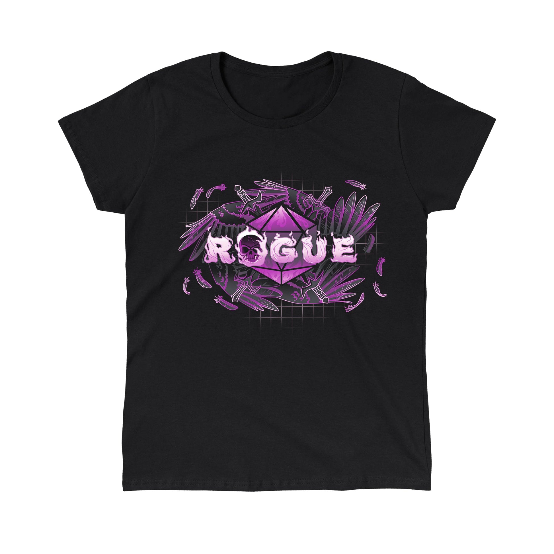 Classic Cotton T-shirt_TeeTurtle Rogue Class black t-shirt featuring an artistic "Rogue" word in front of a D20 with swords going through it surrounded by angel wings.