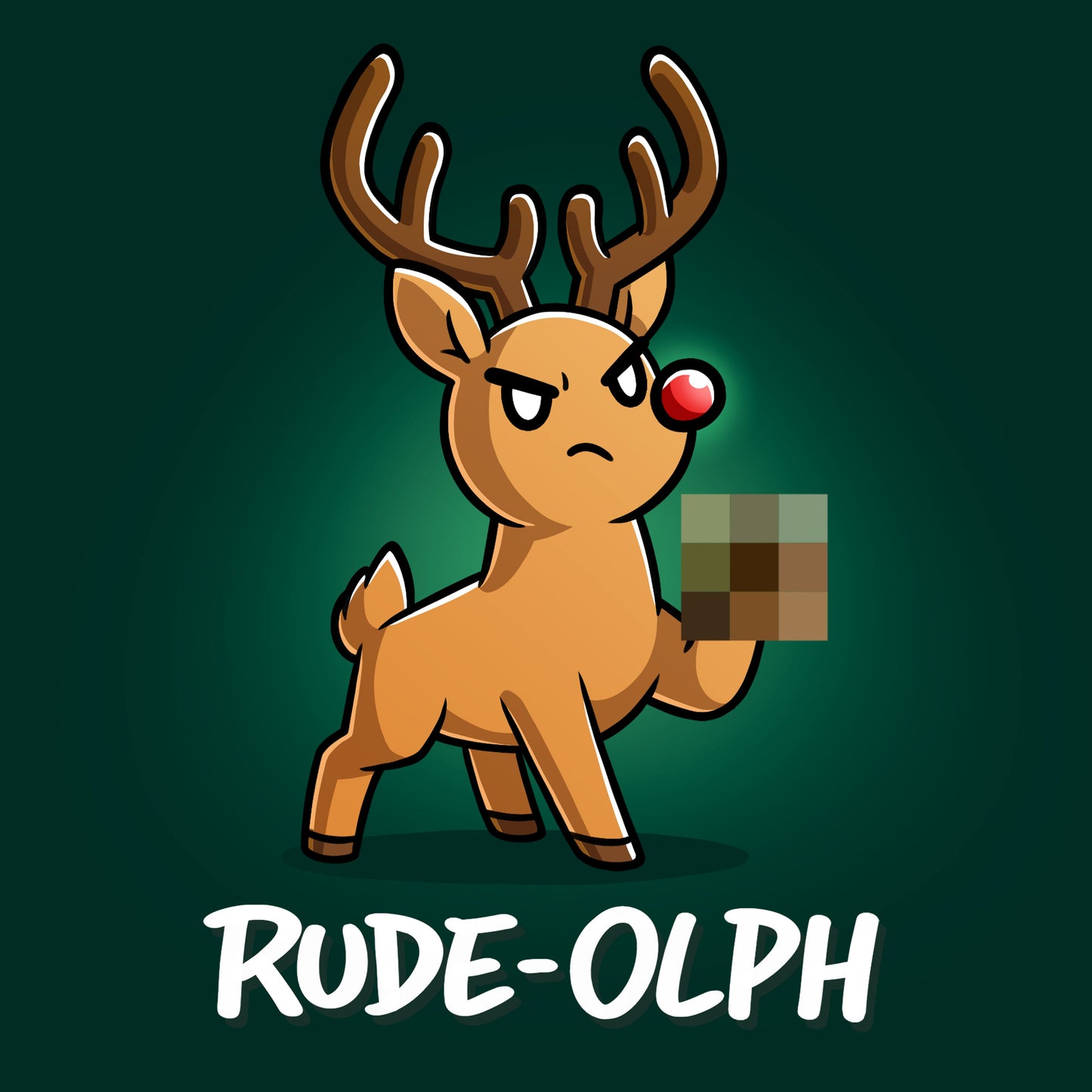 Classic Cotton T-shirt_TeeTurtle forest green Rude-Olph apparel featuring an angry reindeer with a red nose with a censored hoof up in the air.