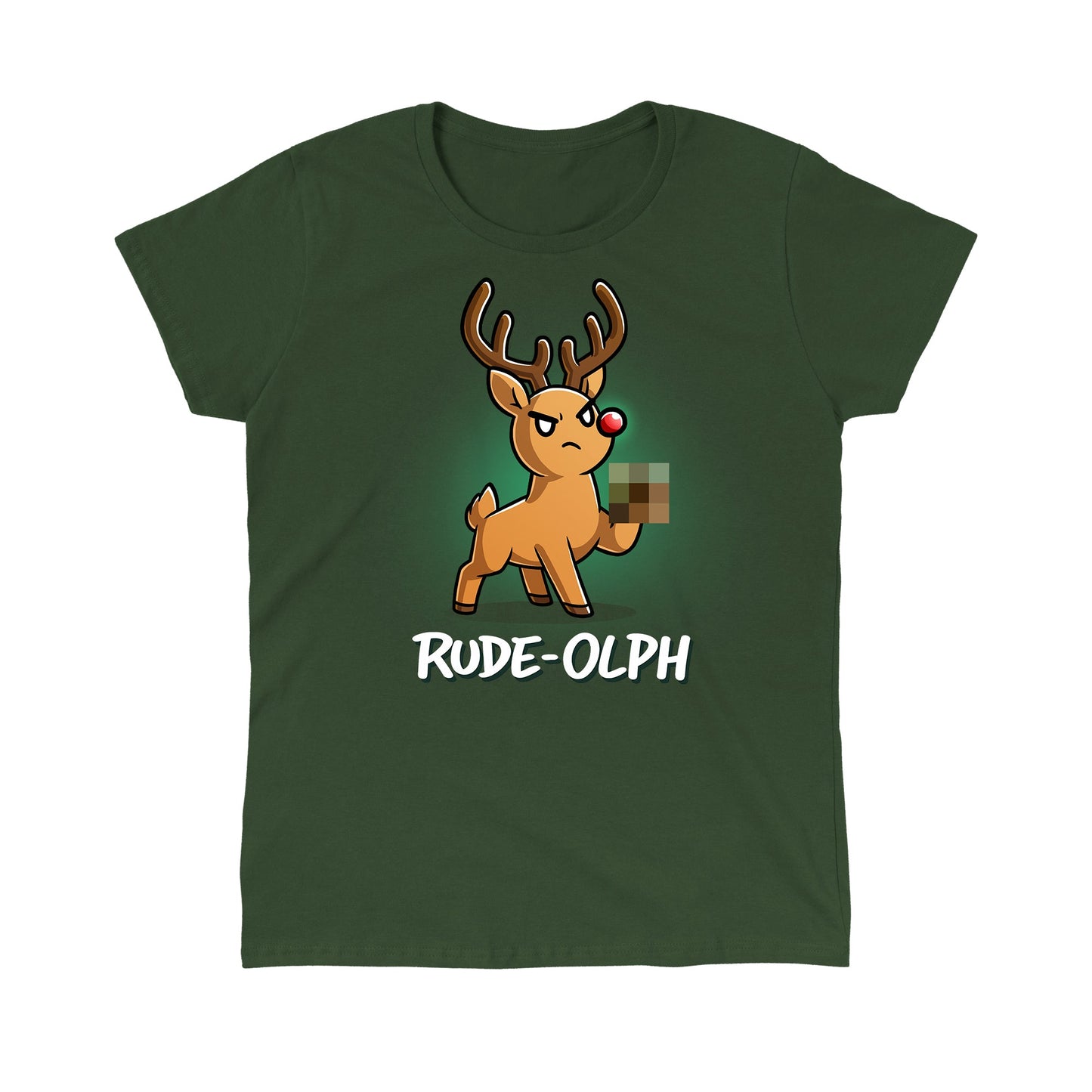 Classic Cotton T-shirt_TeeTurtle forest green Rude-Olph apparel featuring an angry reindeer with a red nose with a censored hoof up in the air.