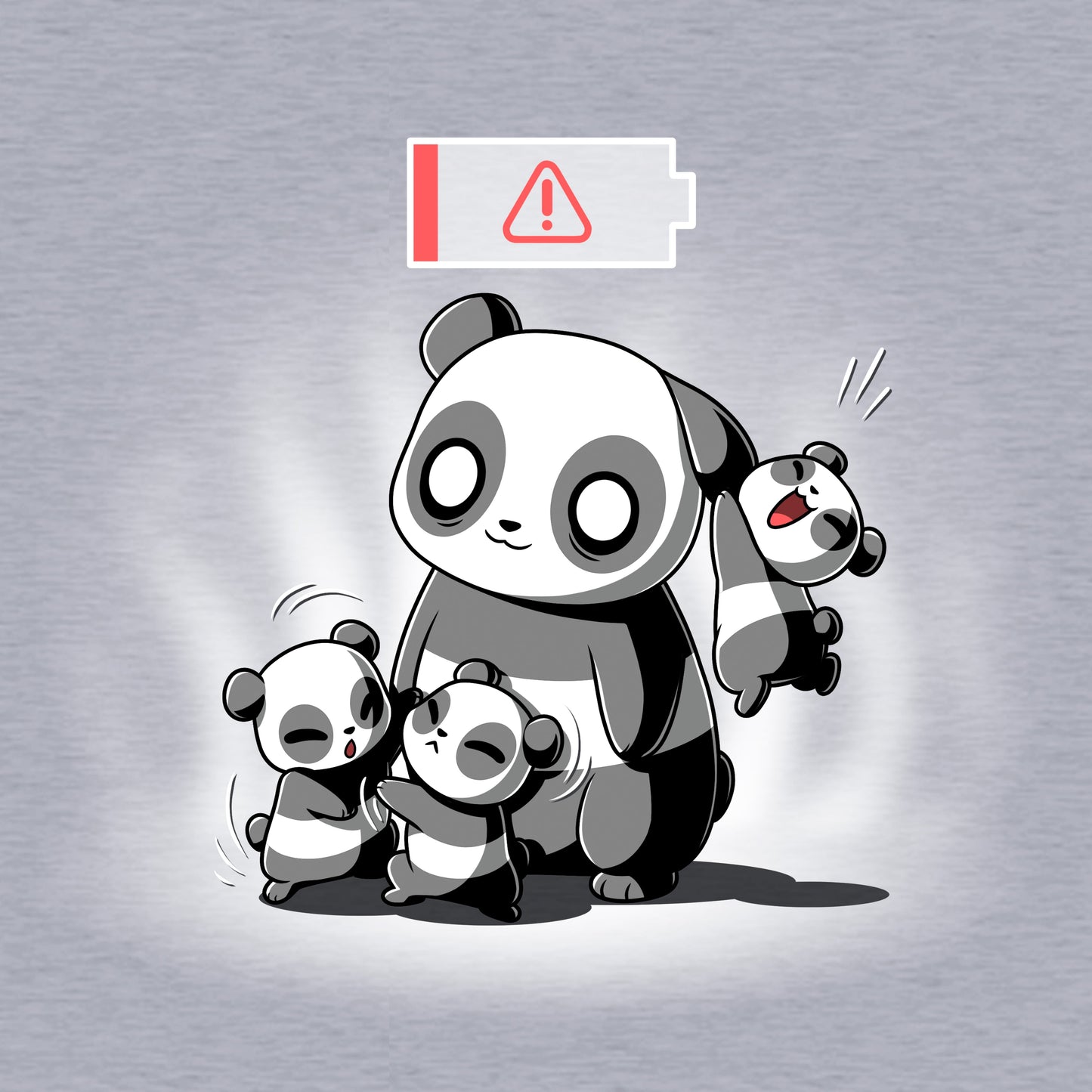 Classic Cotton T-shirt_TeeTurtle Running on Empty heather gray t-shirt featuring a cartoon of a parent panda with two cubs fighting in front of the parent and one cub hanging from the parent's ear with a low battery icon overhead.