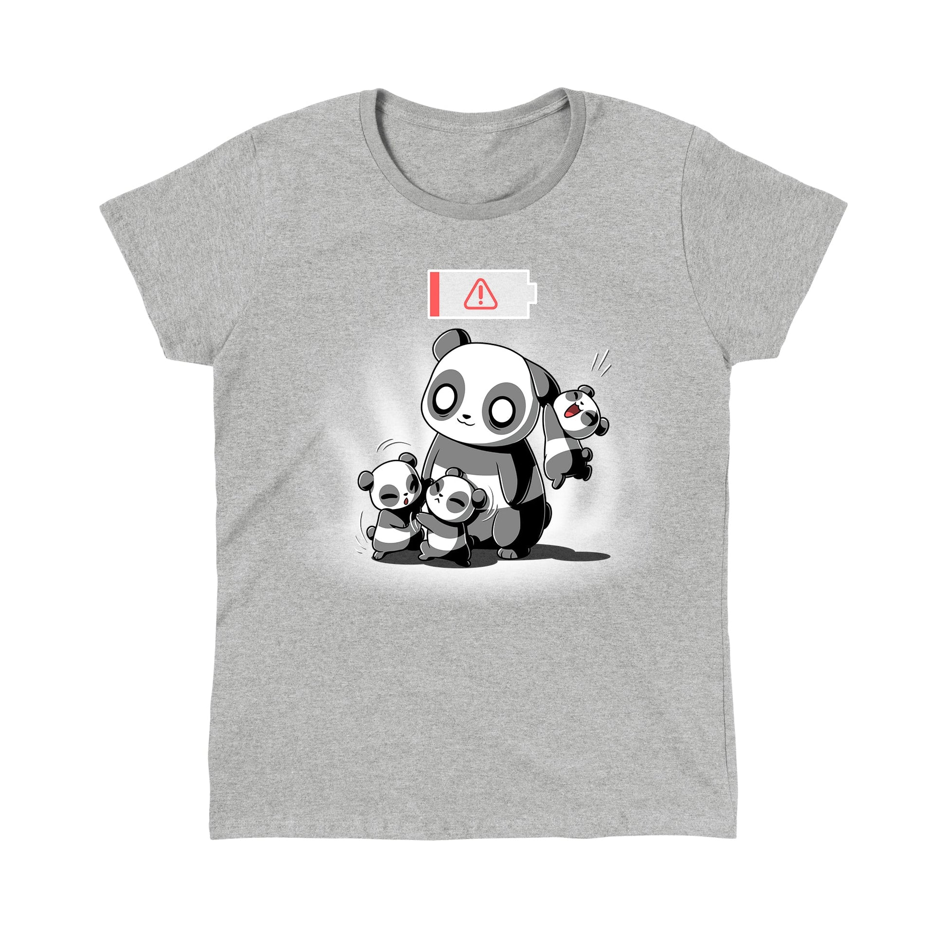 Classic Cotton T-shirt_TeeTurtle Running on Empty heather gray t-shirt featuring a cartoon of a parent panda with two cubs fighting in front of the parent and one cub hanging from the parent's ear with a low battery icon overhead.