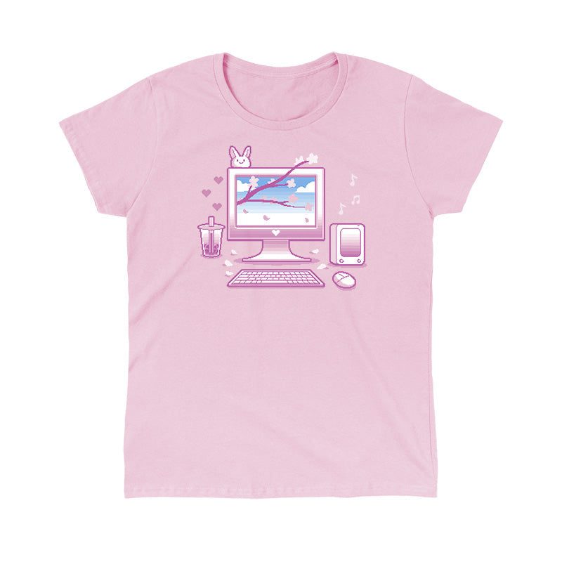 Classic Cotton T-shirt_TeeTurtle Sakura Setup light pink t-shirt featuring pixel art of a desktop computer setup in pink hues. The screen displays cherry blossoms and blue sky. A bubble tea, bunny, and musical notes adorn the scene. A keyboard and mouse are positioned below.