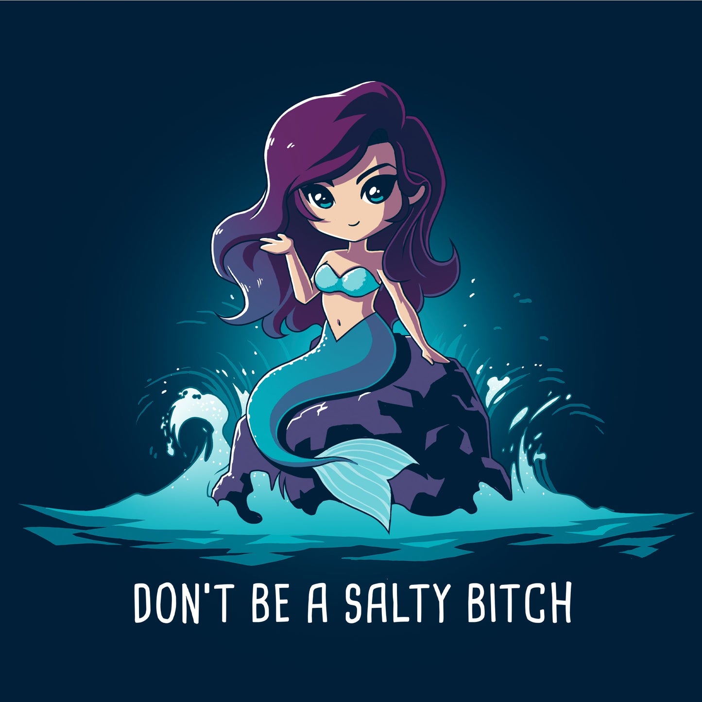 Long Sleeve T-shirt_TeeTurtle Salty Beach navy blue t-shirt featuring a magical purple-haired mermaid with a teal tail sitting on a rock in the ocean, with the pun "Don't be a Salty Beach" at the bottom.