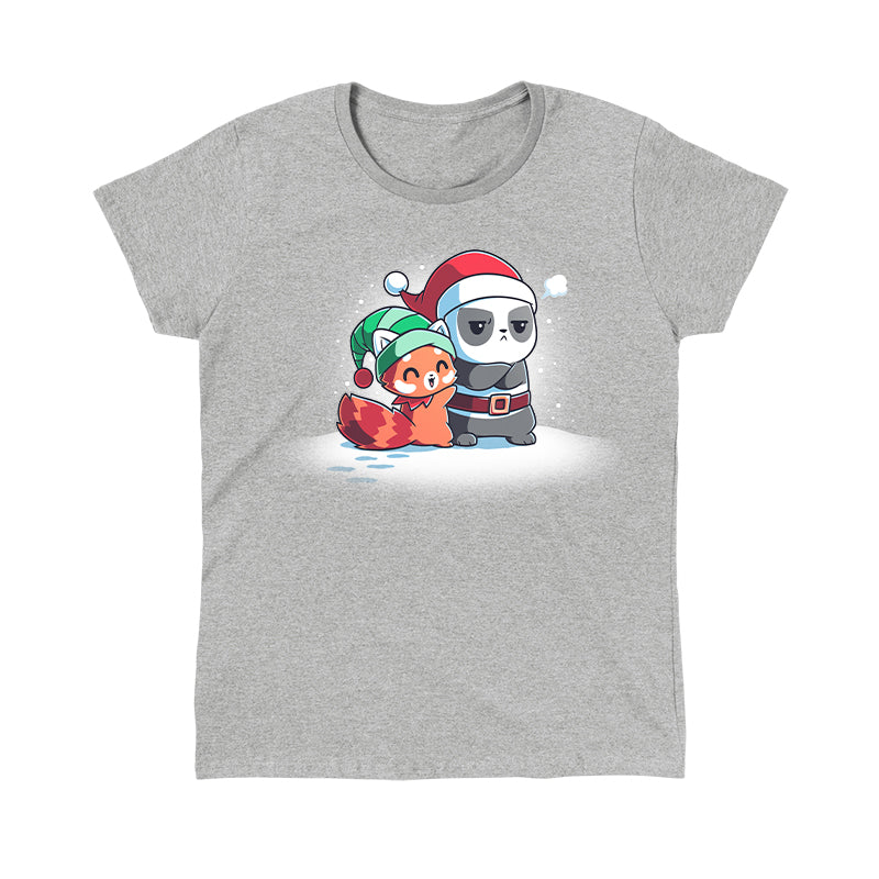 Classic Cotton T-shirt_TeeTurtle Santa Hug heather gray t-shirt featuring a red panda wearing a green elf hat, hugging a grumpy panda dressed as Santa Claus on a snowy ground.