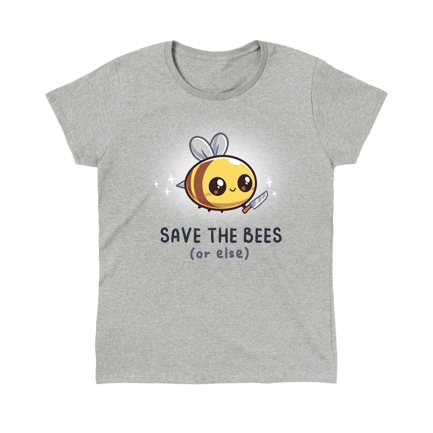 Classic Cotton T-shirt_TeeTurtle Save The Bees (or else) heather gray t-shirt featuring A bee with a knife and sparkles around it.