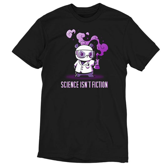 Premium Cotton T-shirt_Teeturtle Science Isn't Fiction Black Featuring a Panda in a labcoat and safety goggles holding a bubbling, smoking beaker with the words 'Science Isn't Fiction' beneath.