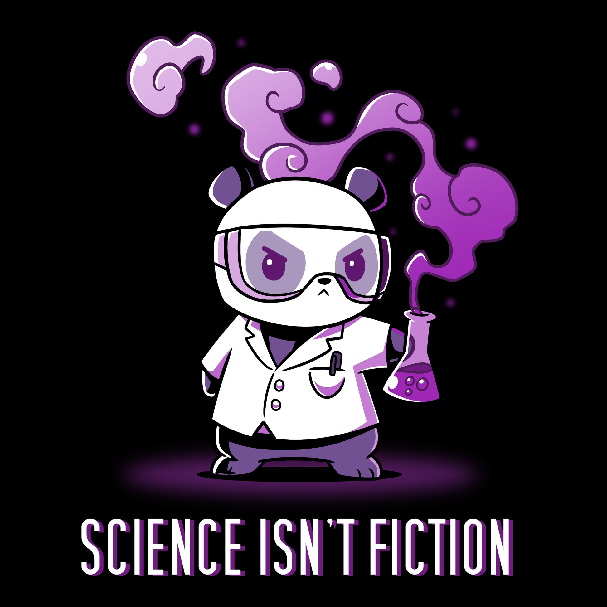 Premium Cotton T-shirt_Teeturtle Science Isn't Fiction Black Featuring a Panda in a labcoat and safety goggles holding a bubbling, smoking beaker with the words 'Science Isn't Fiction' beneath.