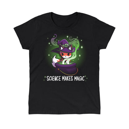 Classic Cotton T-shirt_TeeTurtle Science Makes Magic black t-shirt featuring a fantasy fox wearing a purple witch hat, stirring a cauldron with green smoke and sparkles rising. Text below reads, "SCIENCE MAKES MAGIC."