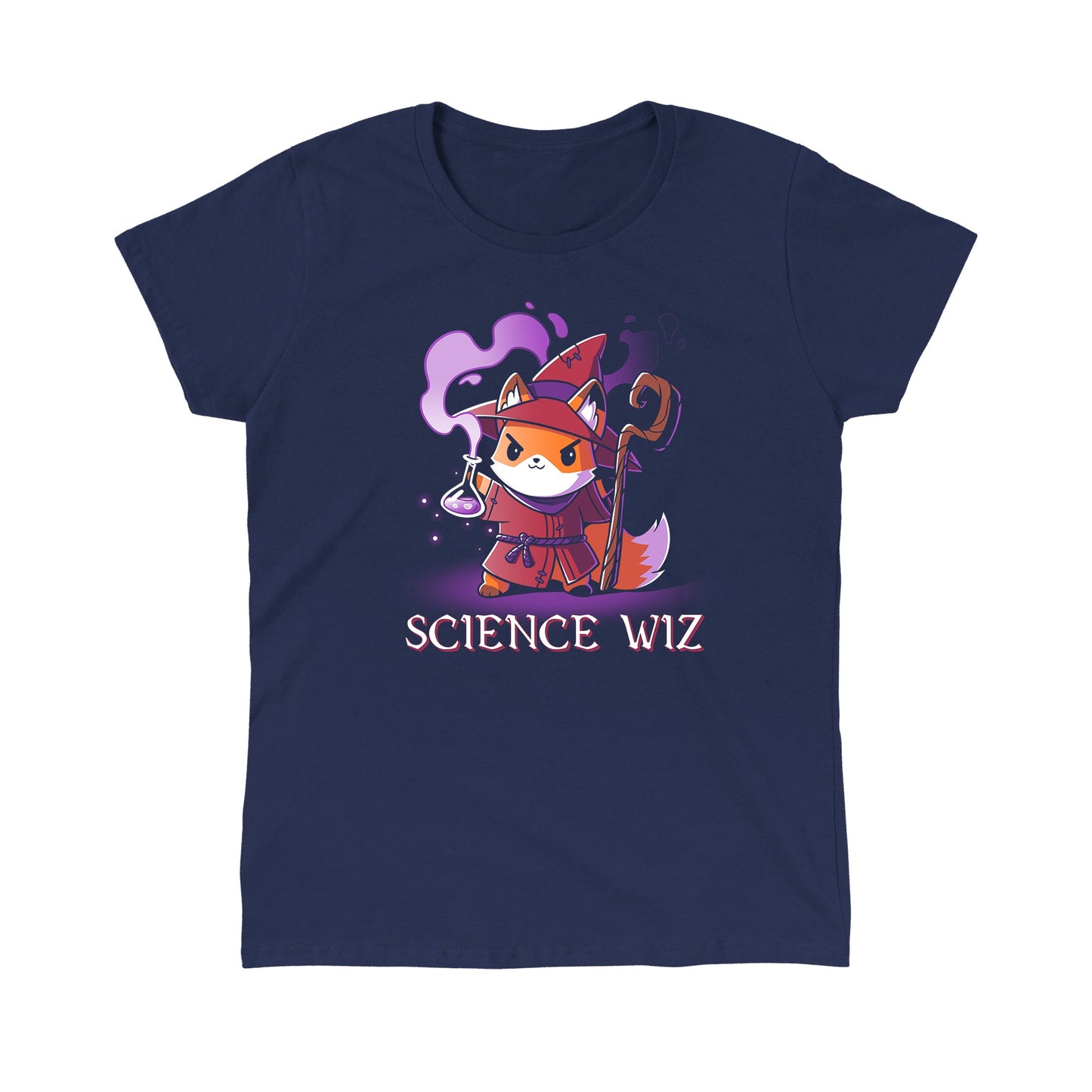 Classic Cotton T-shirt_TeeTurtle Science Wiz navy blue t-shirt featuring fox dressed as a wizard holding a flask of potion.