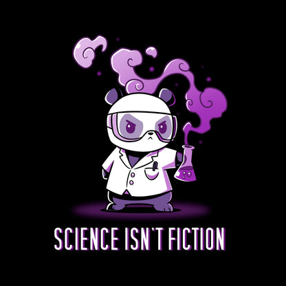 Classic Cotton T-shirt_Teeturtle Science Isn't Fiction Black Featuring a Panda in a labcoat and safety goggles holding a bubbling, smoking beaker with the words 'Science Isn't Fiction' beneath.