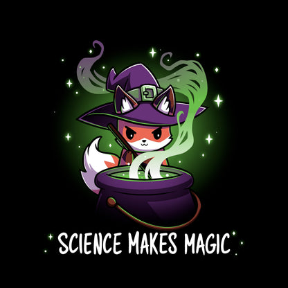 Crew Neck Sweatshirt_TeeTurtle Science Makes Magic black design featuring a fantasy fox wearing a purple witch hat, stirring a cauldron with green smoke and sparkles rising. Text below reads, "SCIENCE MAKES MAGIC."