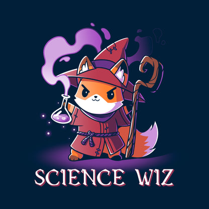 Classic Cotton T-shirt_TeeTurtle Science Wiz navy blue t-shirt featuring fox dressed as a wizard holding a flask of potion.