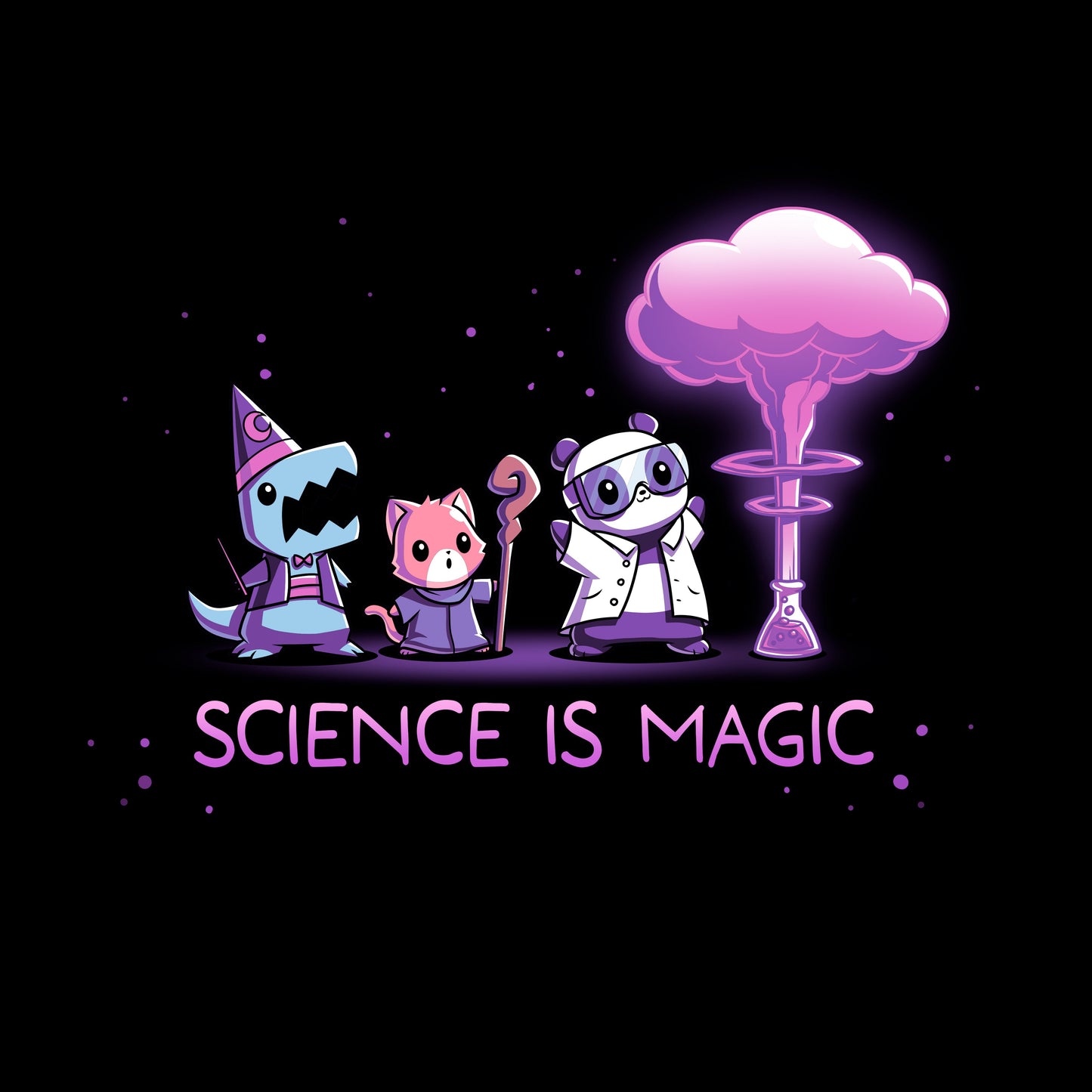 Classic Cotton T-shirt_TeeTurtle Science is Magic black t-shirt featuring a shark in a wizard costume, a red panda with a magic staff, and a panda in a lab coat who observe purple smoke emerging from a flask next to them. Text below reads "Science is Magic". 