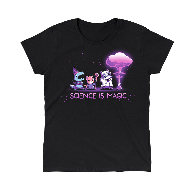 Classic Cotton T-shirt_TeeTurtle Science is Magic black t-shirt featuring a shark in a wizard costume, a red panda with a magic staff, and a panda in a lab coat who observe purple smoke emerging from a flask next to them. Text below reads "Science is Magic". 