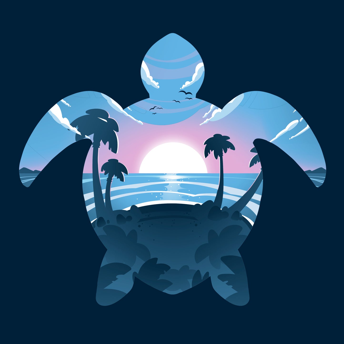 Classic Cotton T-shirt_TeeTurtle Sea Turtle navy blue t-shirt featuring a sea turtle outline with a serene beach pink and blue sunset.