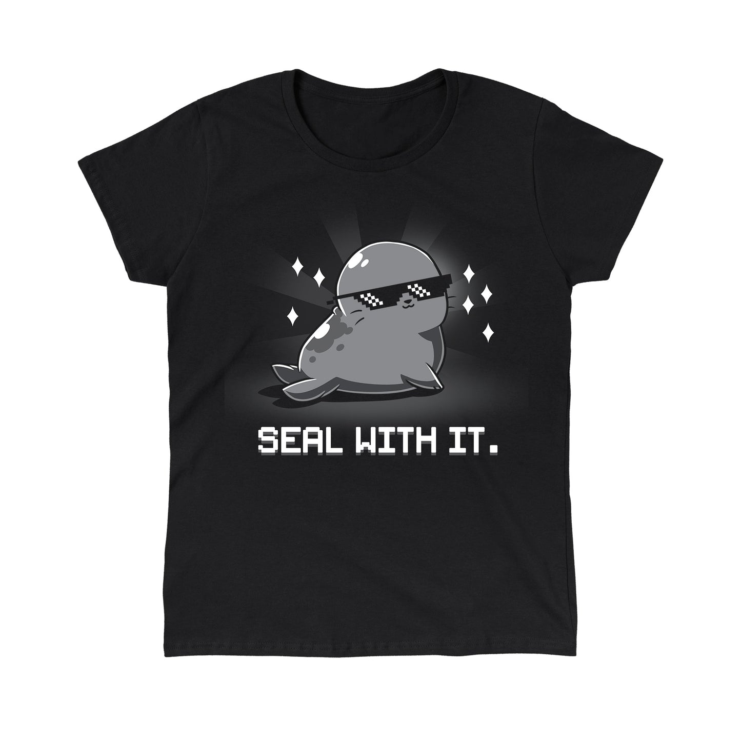 Classic Cotton T-shirt_Teeturtle Seal With It. Black Featuring a smug, sunglasses-wearing seal surrounded by sparkling diamonds with 'Seal with it.' written beneath.