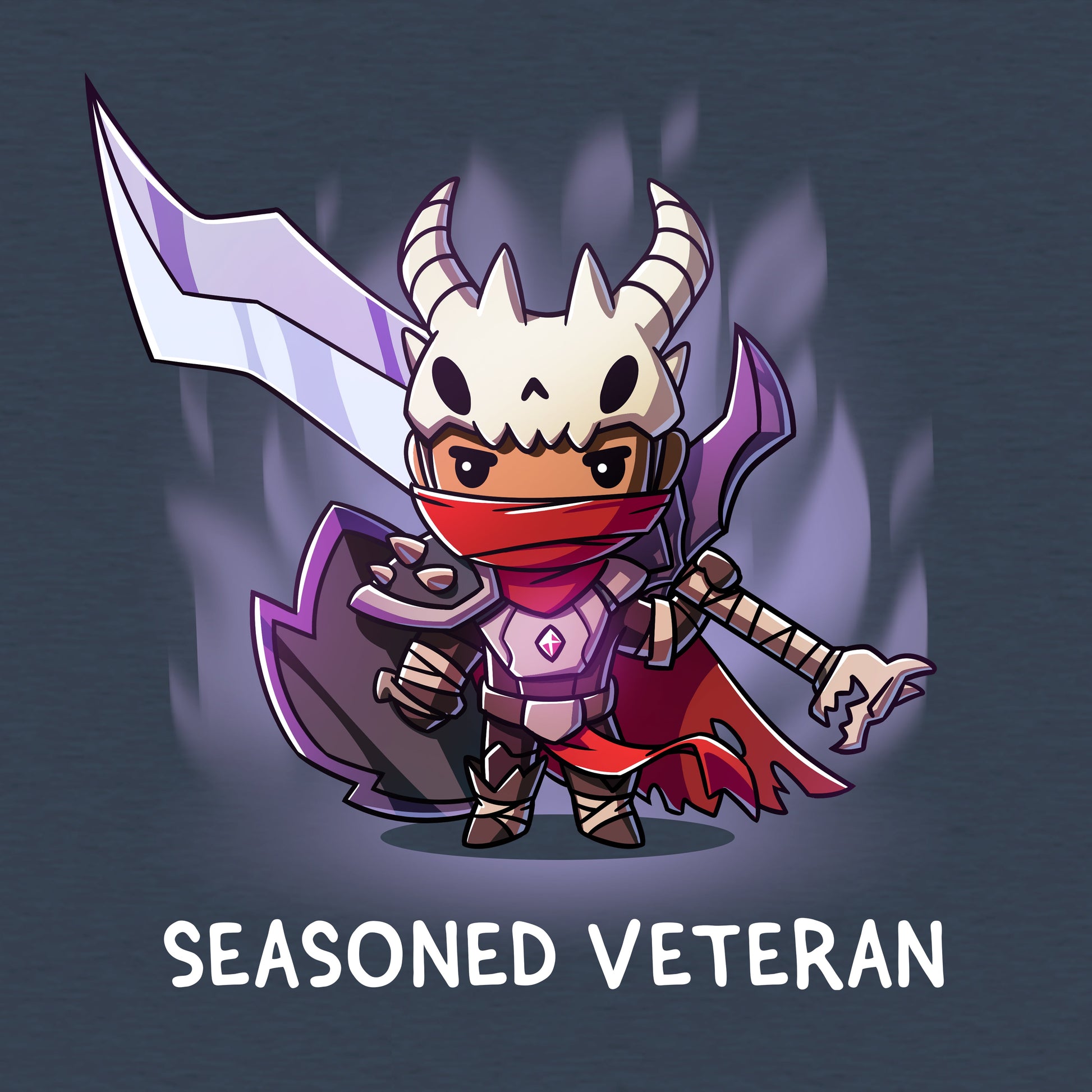 Classic Cotton T-shirt_TeeTurtle Seasoned Veteran heather navy t-shirt featuring a fantasy themed fighter dressed in moderately tattered garments and armor, wearing a skull, and carrying a large sword and shield.