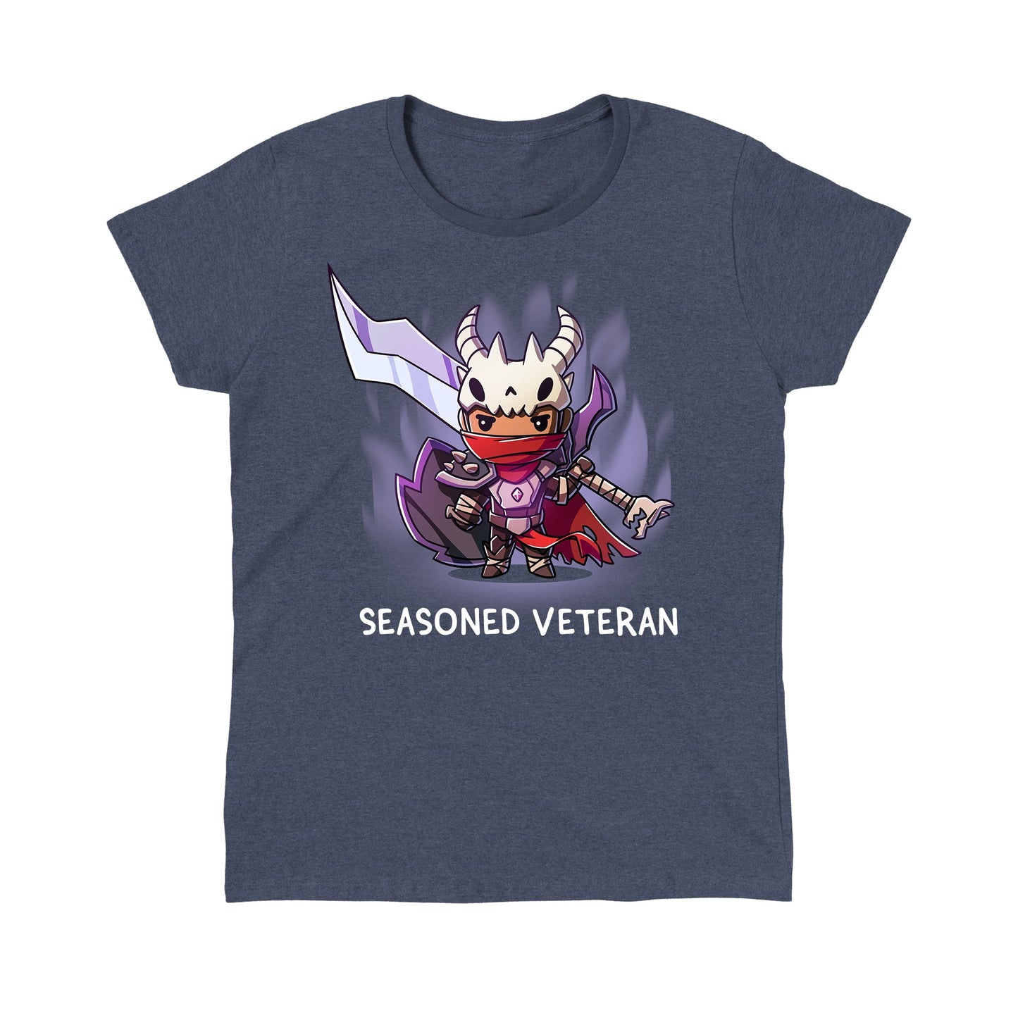 Classic Cotton T-shirt_TeeTurtle Seasoned Veteran heather navy t-shirt featuring a fantasy themed fighter dressed in moderately tattered garments and armor, wearing a skull, and carrying a large sword and shield.