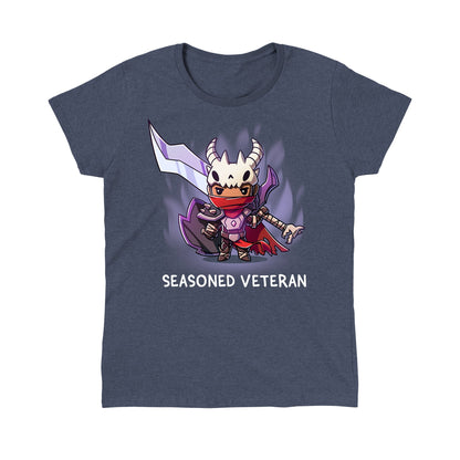 Classic Cotton T-shirt_TeeTurtle Seasoned Veteran heather navy t-shirt featuring a fantasy themed fighter dressed in moderately tattered garments and armor, wearing a skull, and carrying a large sword and shield.