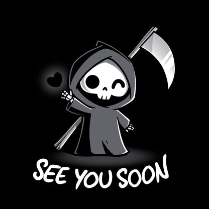 Pullover Hoodie_TeeTurtle See You Soon black design featuring a spooky cartoon Grim Reaper holding a scythe, waving, and a floating black heart next to it, with the text below that says in dark humor "SEE YOU SOON". 