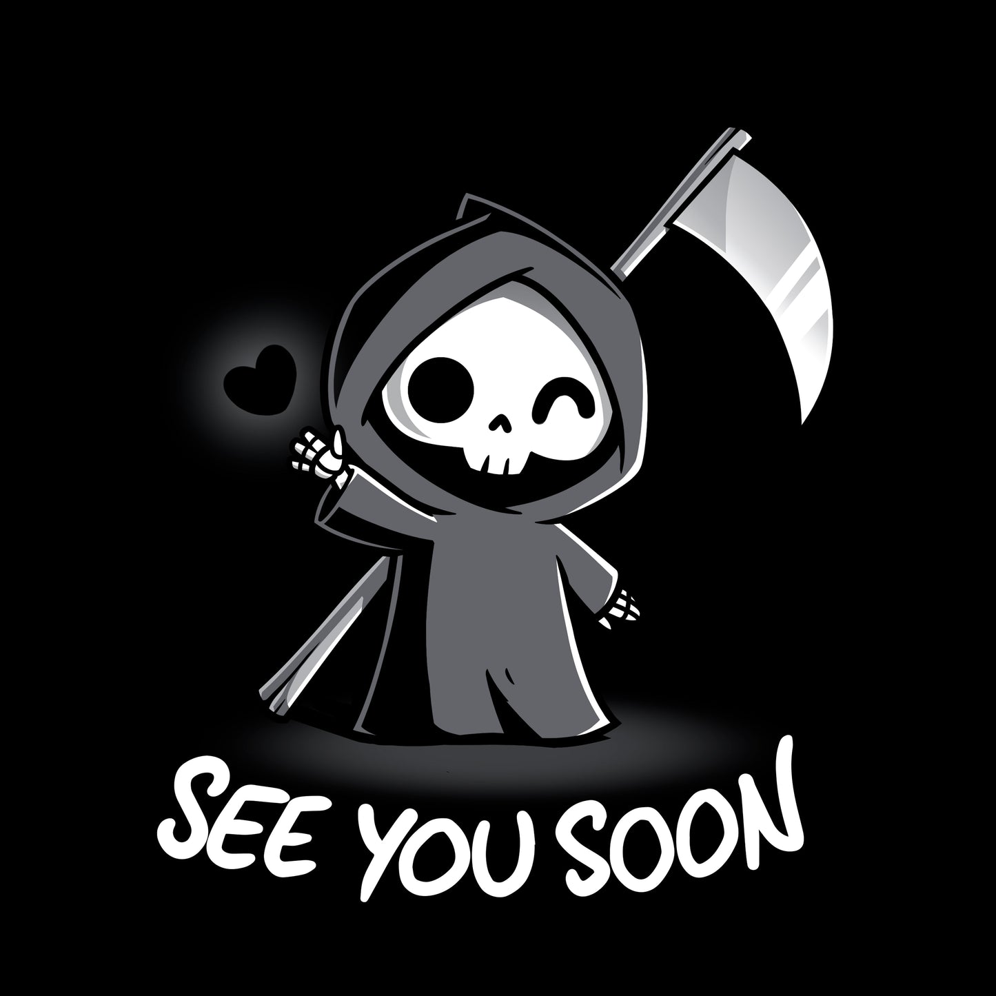 Crew Neck Sweatshirt_TeeTurtle See You Soon black design featuring a spooky cartoon Grim Reaper holding a scythe, waving, and a floating black heart next to it, with the text below that says in dark humor "SEE YOU SOON". 