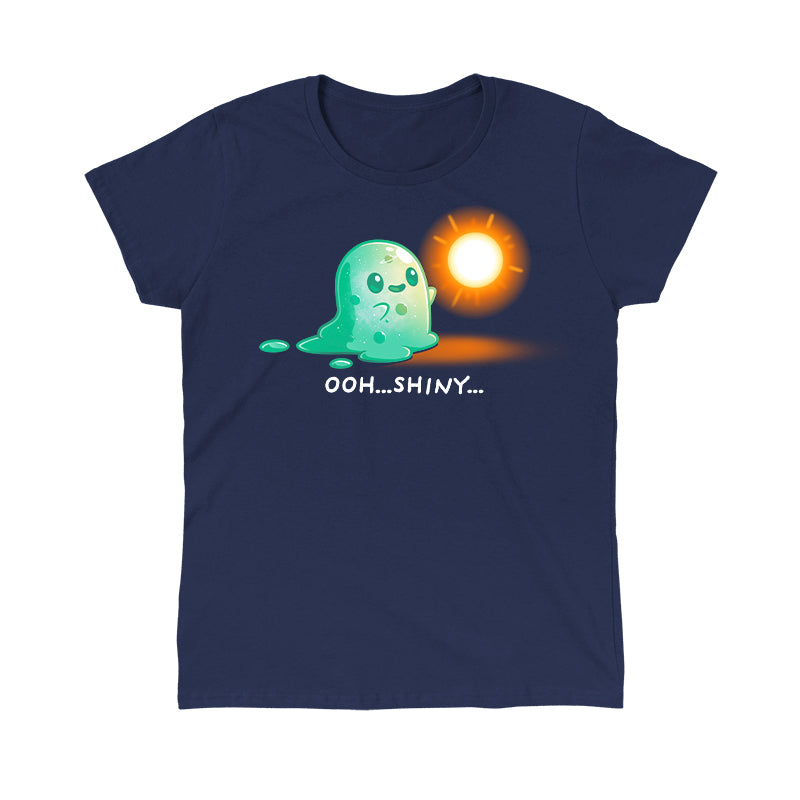 Classic Cotton T-shirt_TeeTurtle Shiny Distraction navy blue t-shirt featuring a slime creature staring in awe at a glowing, golden orb.
