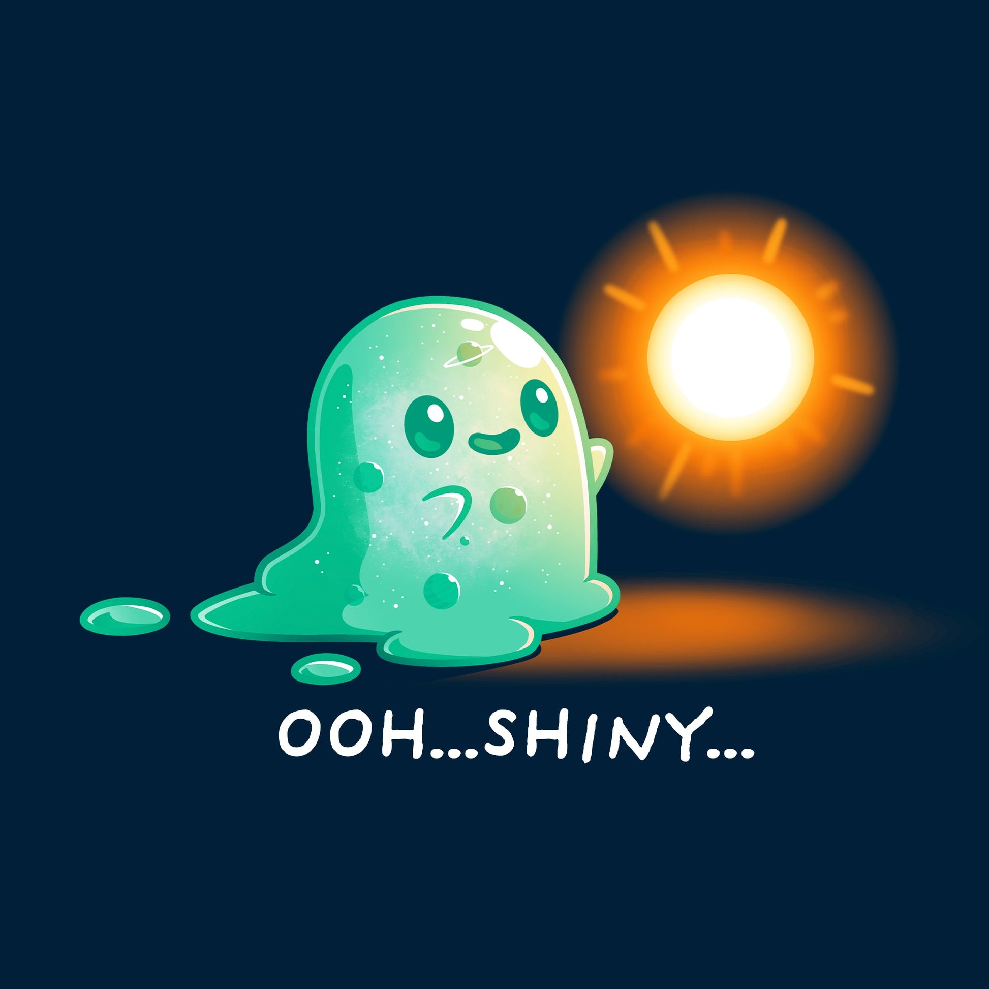 Classic Cotton T-shirt_TeeTurtle Shiny Distraction navy blue t-shirt featuring a slime creature staring in awe at a glowing, golden orb.
