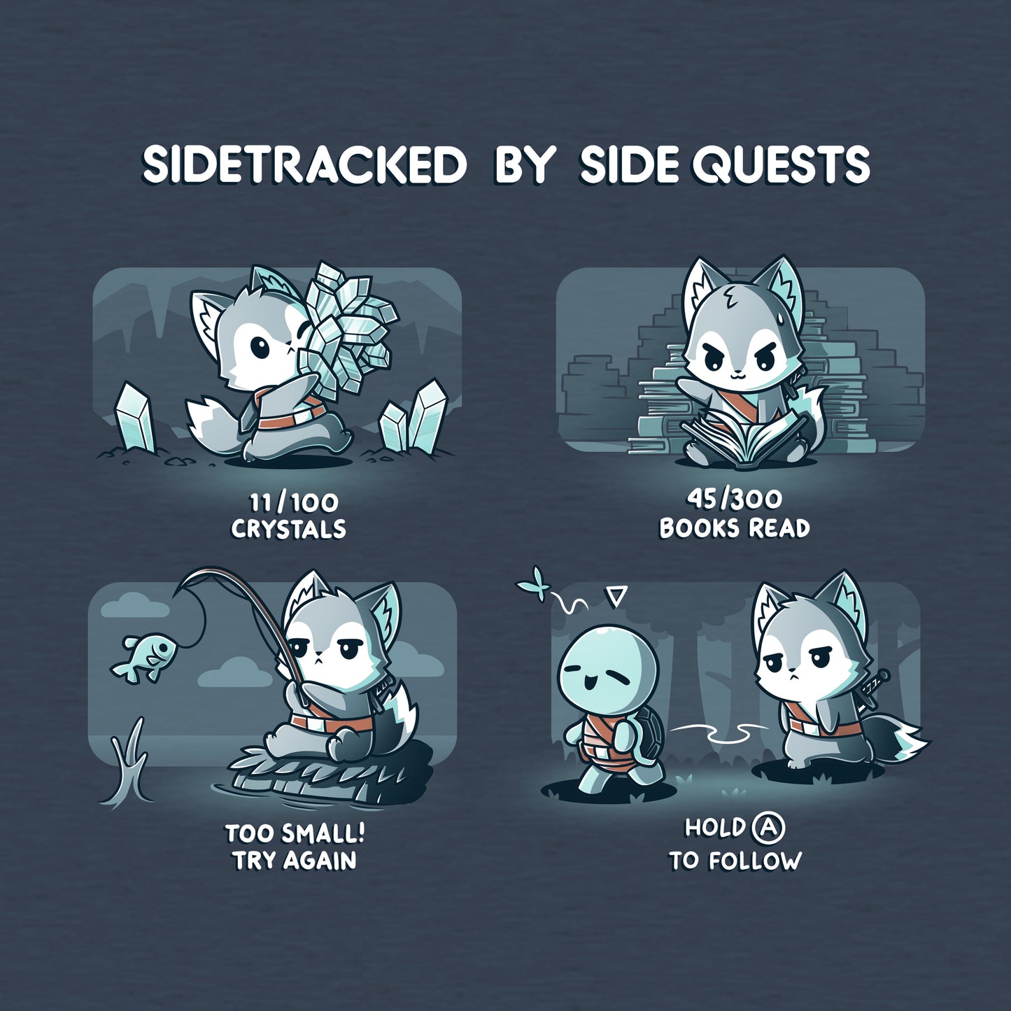 Classic Cotton T-shirt_TeeTurtle heather navy Sidetracked by Side Quests t-shirt featuring a wolf performing various video game side quests.