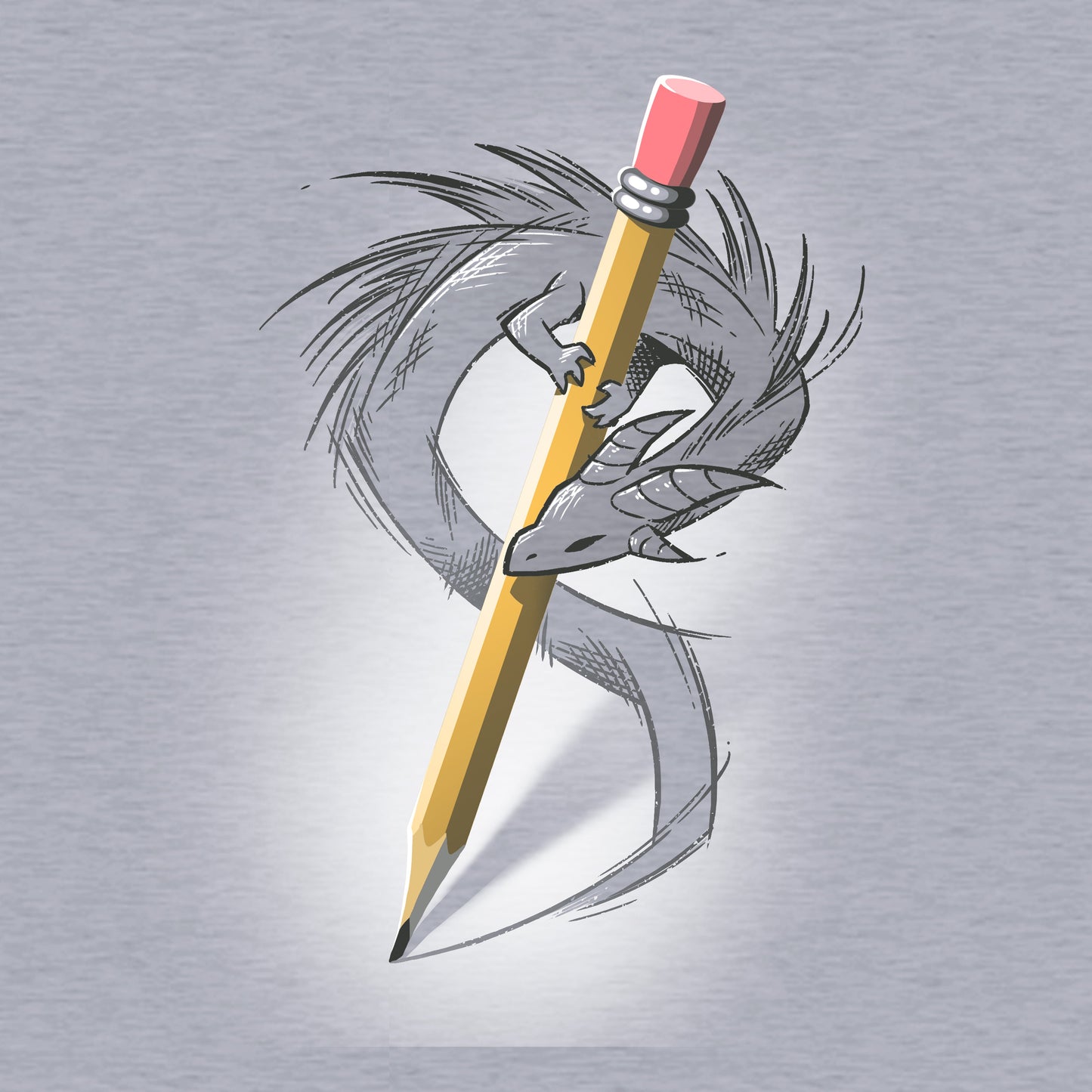 Classic Cotton T-shirt_TeeTurtle Sketchbook Dragon heather gray t-shirt featuring a gray dragon drawing while wrapped around a yellow pencil. 