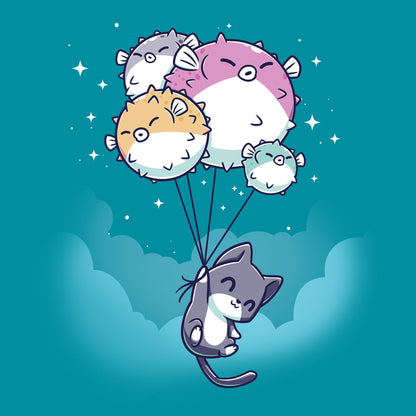 Classic Cotton T-shirt_TeeTurtle Sky High tropical blue t-shirt featuring a cat holding onto strings attached to five pufferfish balloons floating against a turquoise sky.