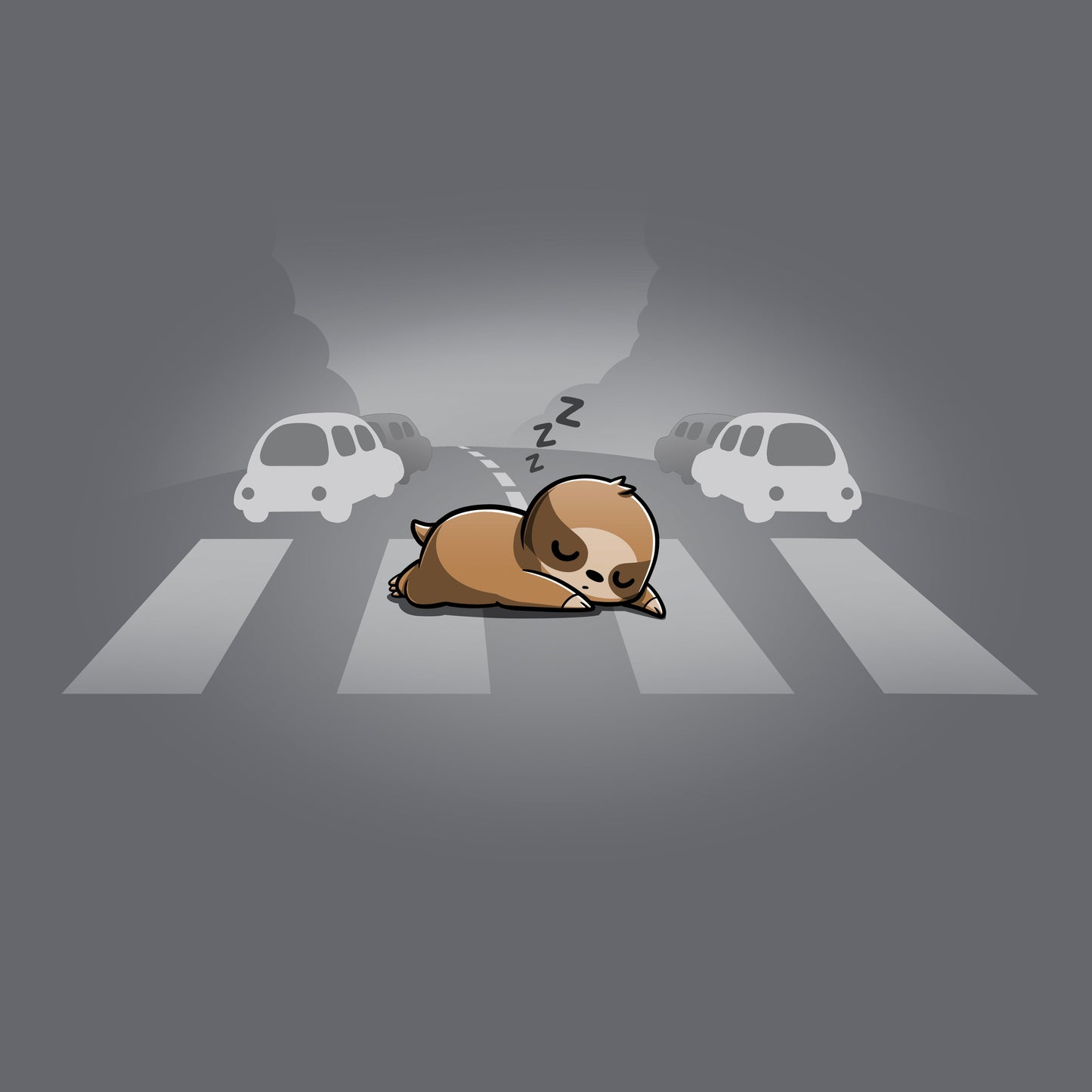 Classic Cotton T-shirt_TeeTurtle charcoal gray Classic Cotton T-shirt featuring a sloth sleeping at a crosswalk in the middle of the road.