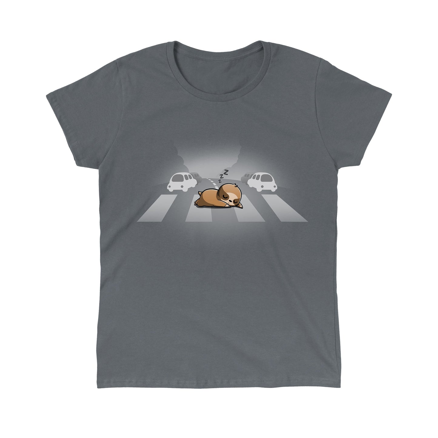 Classic Cotton T-shirt_TeeTurtle charcoal gray Classic Cotton T-shirt featuring a sloth sleeping at a crosswalk in the middle of the road.