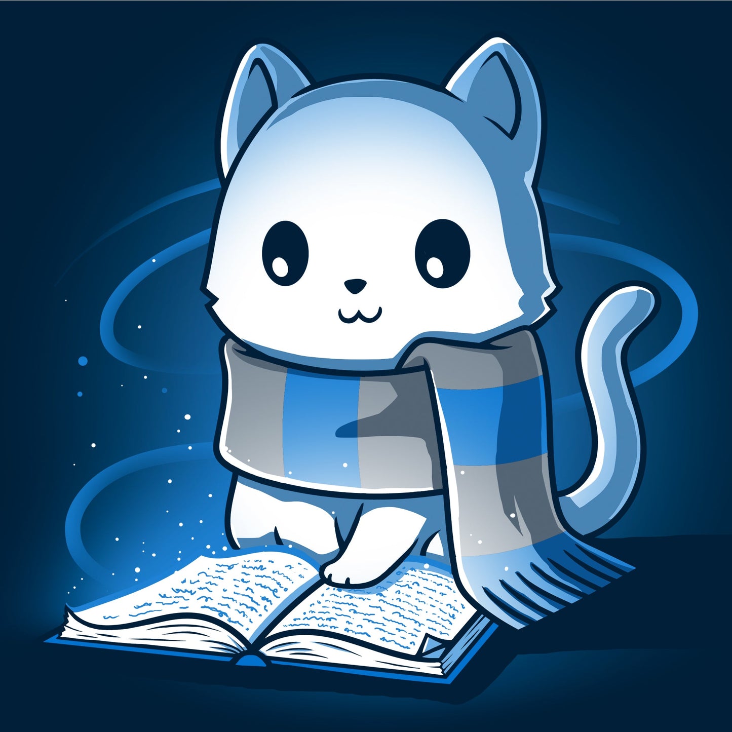 Long Sleeve T-shirt_TeeTurtle navy blue Smart Kitty. Featuring a white cat with a blue and silver striped scarf reading a book.