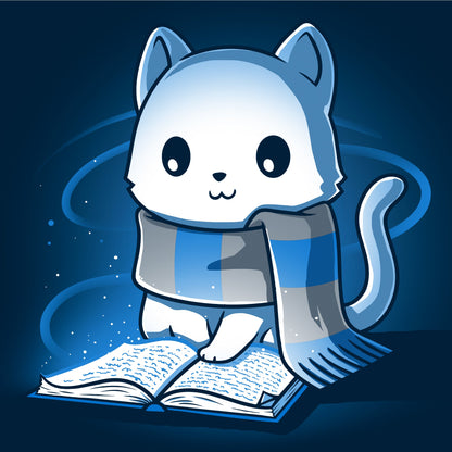 Long Sleeve T-shirt_TeeTurtle navy blue Smart Kitty. Featuring a white cat with a blue and silver striped scarf reading a book.