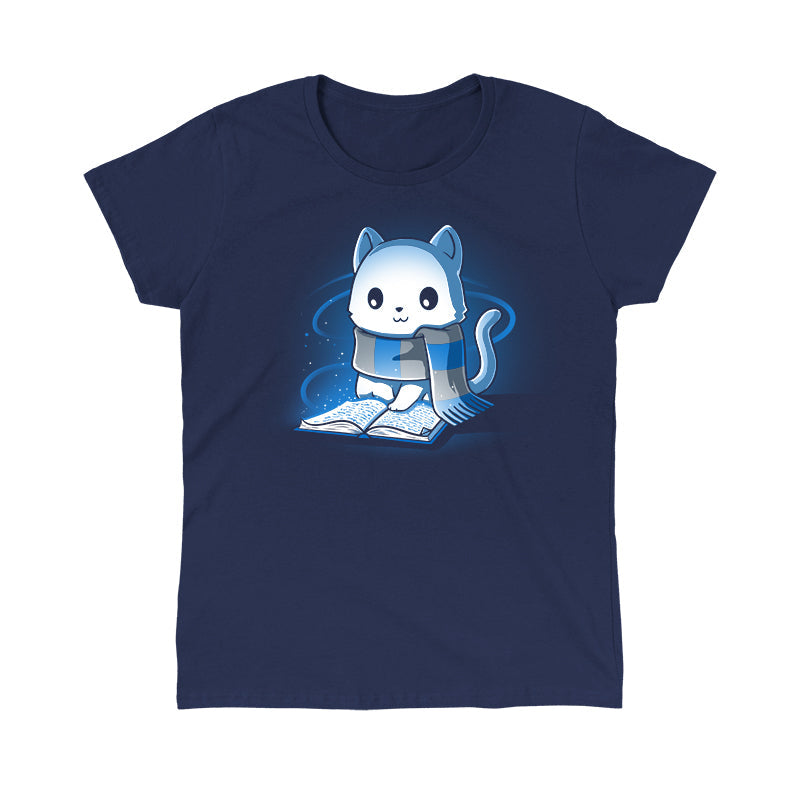 Classic Cotton T-shirt_TeeTurtle navy blue Smart Kitty. Featuring a white cat with a blue and silver striped scarf reading a book.