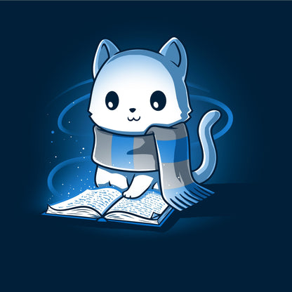 Classic Cotton T-shirt_TeeTurtle navy blue Smart Kitty. Featuring a white cat with a blue and silver striped scarf reading a book.