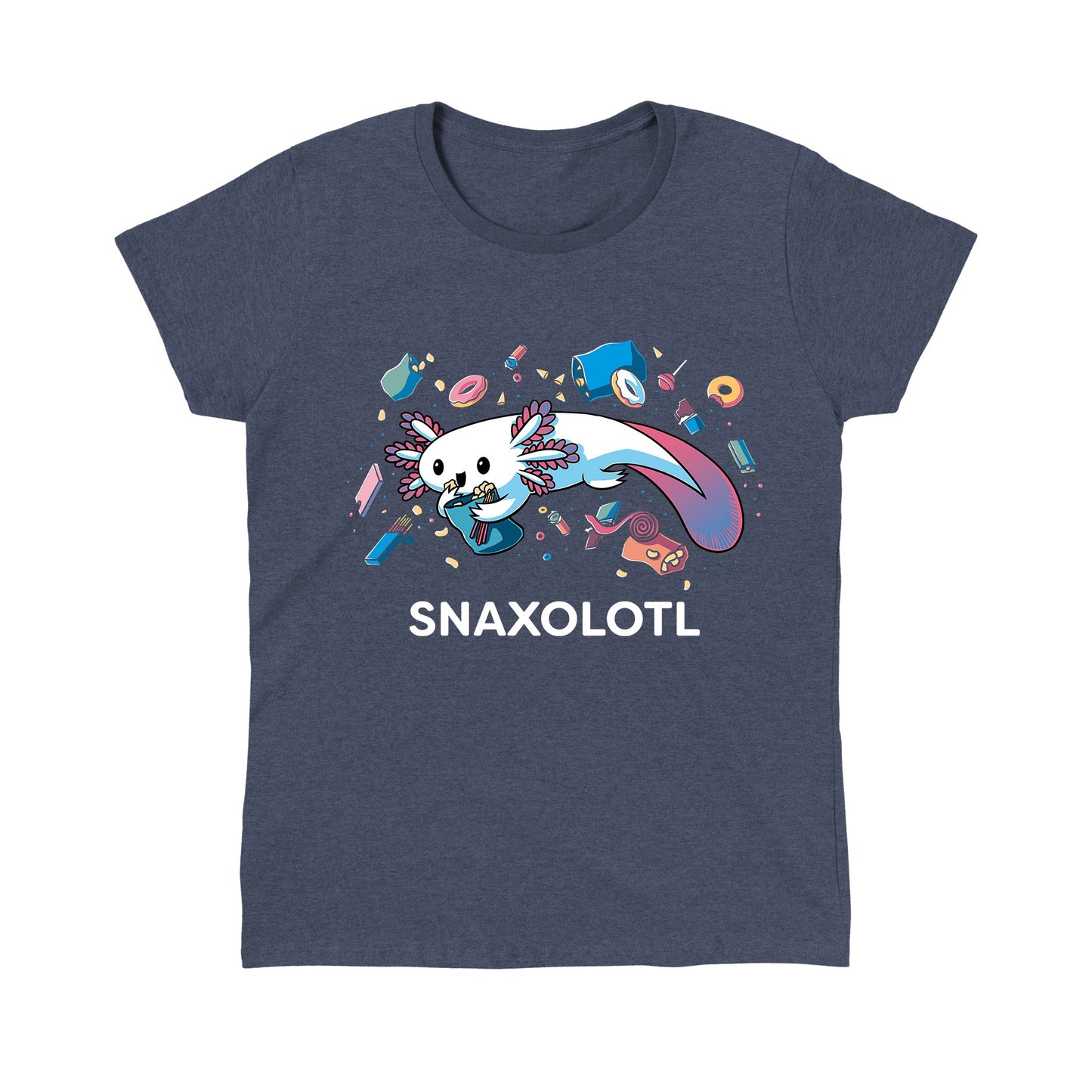 Classic Cotton T-shirt_Teeturtle Snaxolotl heather navy t-shirt featuring an axolotl surrounded by various floating snacks with the word "SNAXOLOTL" below.