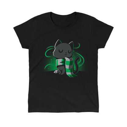 Classic Cotton T-shirt_TeeTurtle black Sneaky Kitty. Featuring a haughty black cat with a silver and green striped scarf.