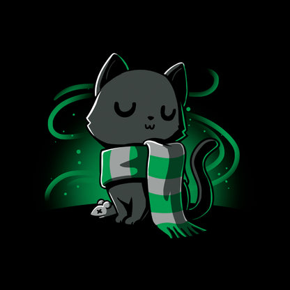 Classic Cotton T-shirt_TeeTurtle black Sneaky Kitty. Featuring a haughty black cat with a silver and green striped scarf.