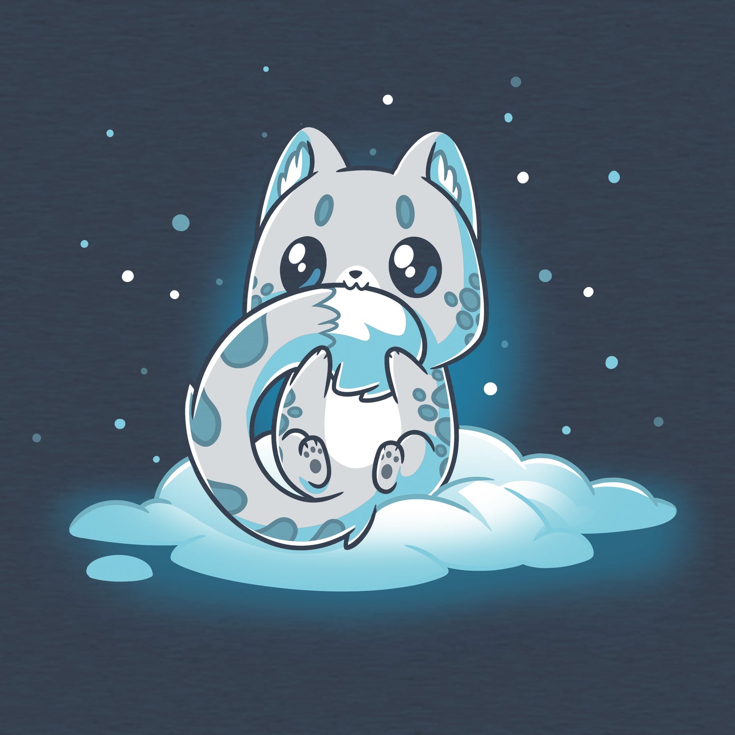 Classic Cotton T-shirt_TeeTurtle Snuggly Snow Leopard Heather Navy t-shirt featuring a cartoon-style baby snow leopard with large eyes sitting on a cloud, hugging its tail, against a dark background with falling snowflakes. 