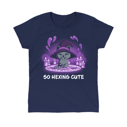 Classic Cotton T-shirt_TeeTurtle navy blue So Hexing Cute. Featuring a cat with a witch hat sitting in the middle of a summoning pentagram.