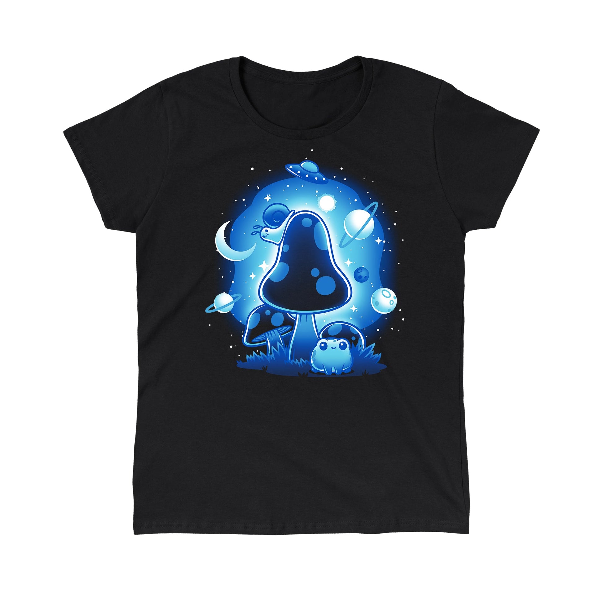 Classic Cotton T-shirt_TeeTurtle So Mushroom in Space black t-shirt featuring a glowing blue mushroom with a frog at its base, surrounded by planets, a crescent moon, stars, and a UFO in the night sky.