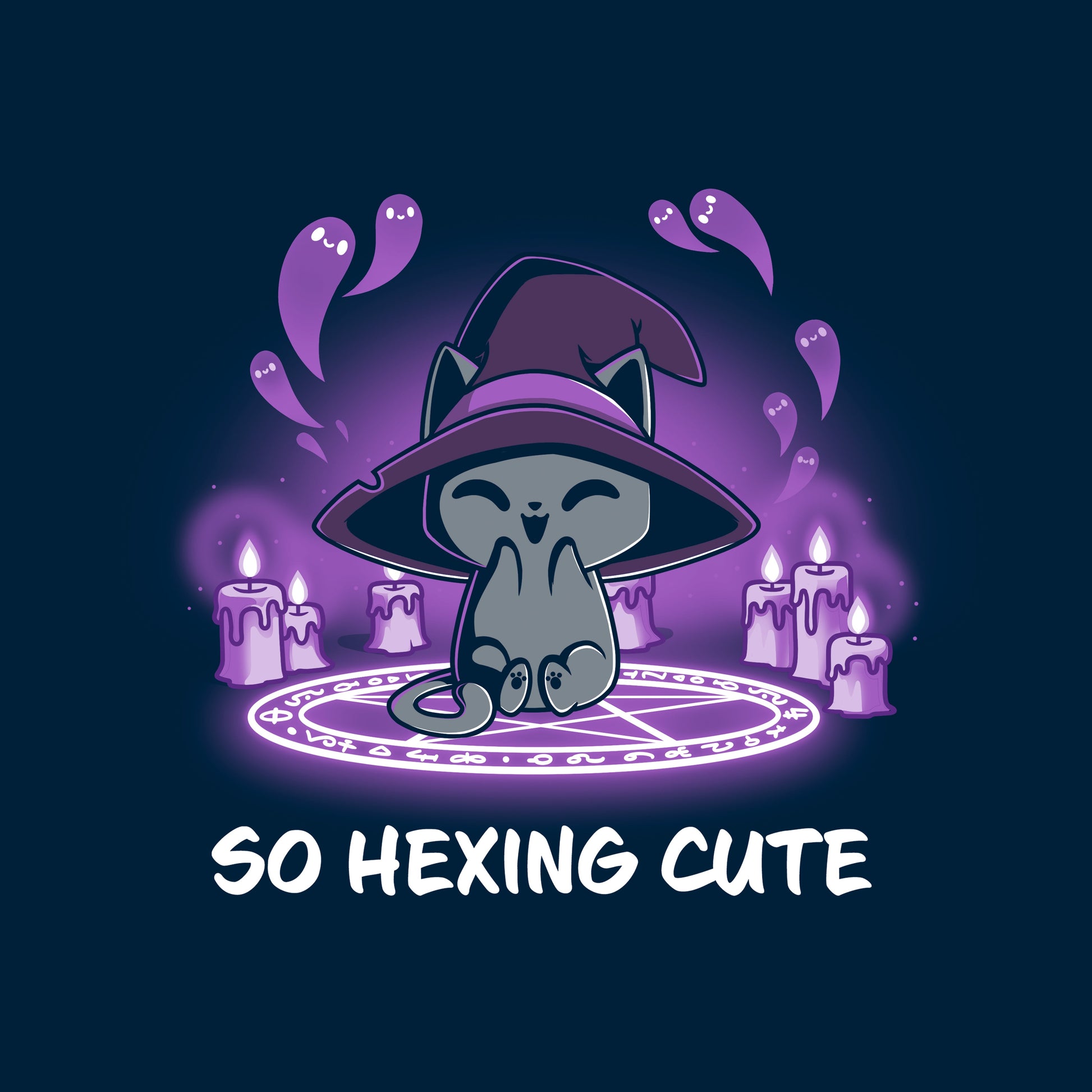 Classic Cotton T-shirt_TeeTurtle navy blue So Hexing Cute. Featuring a cat with a witch hat sitting in the middle of a summoning pentagram.